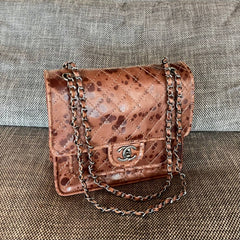 CHANEL 26S CLASSIC FLAP BAG 26 IN BROWN SPLATTER PRINT CALFSKIN DARK SILVER HARDWARE