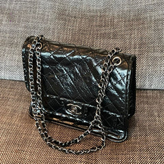 CHANEL 26S CLASSIC FLAP BAG 26 IN BLACK AGED CRINKLED CALFSKIN DARK SILVER HARDWARE