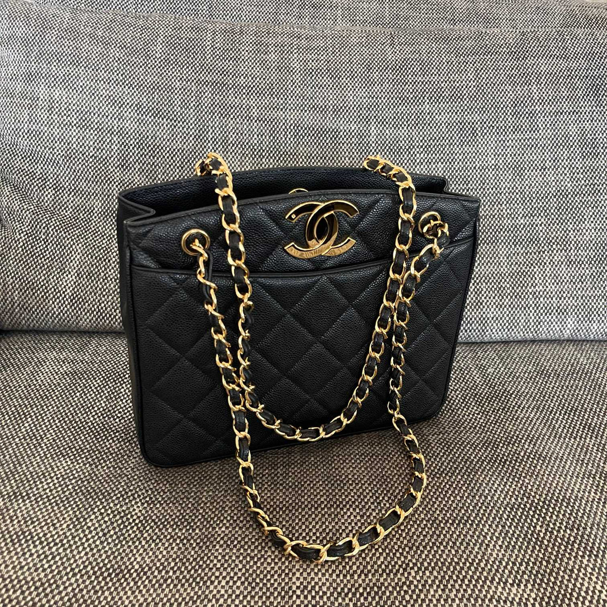 CHANEL 26S QUILTED SHOPPING TOTE BAG 28 IN BLACK CAVIAR CALFSKIN GOLD HARDWARE