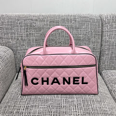 CHANEL 26S BOWLING BAG LARGE 46 IN LIGHT PINK AND BLACK CALFSKIN GOLD HARDWARE