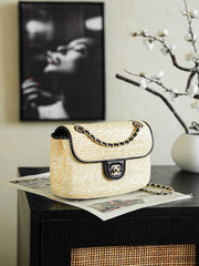 CHANEL 26S CLASSIC FLAP MEDIUM 23 IN NATURAL RAFFIA AND BLACK CALFSKIN GOLD HARDWARE