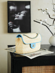 CHANEL 26S CLASSIC FLAP MEDIUM 23 IN NATURAL RAFFIA AND LIGHT BLUE CALFSKIN GOLD HARDWARE