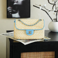 CHANEL 26S CLASSIC FLAP MEDIUM 23 IN NATURAL RAFFIA AND LIGHT BLUE CALFSKIN GOLD HARDWARE