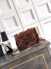 CHANEL 26S FLORAL SEQUIN CLASSIC FLAP 21 IN BROWN BRONZE SEQUIN GOLD HARDWARE