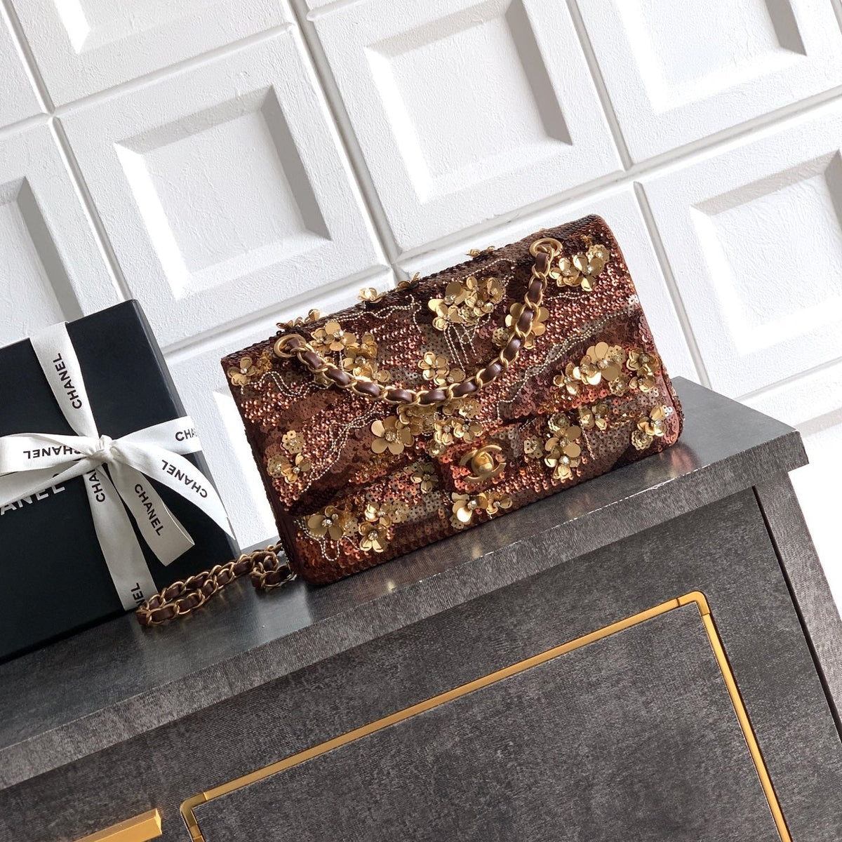 CHANEL 26S CLASSIC FLAP 25 IN BROWN BRONZE SEQUIN GOLD HARDWARE