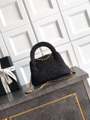 CHANEL 26S TOP HANDLE BAG 19 IN BLACK RAFFIA AND CALFSKIN GOLD HARDWARE