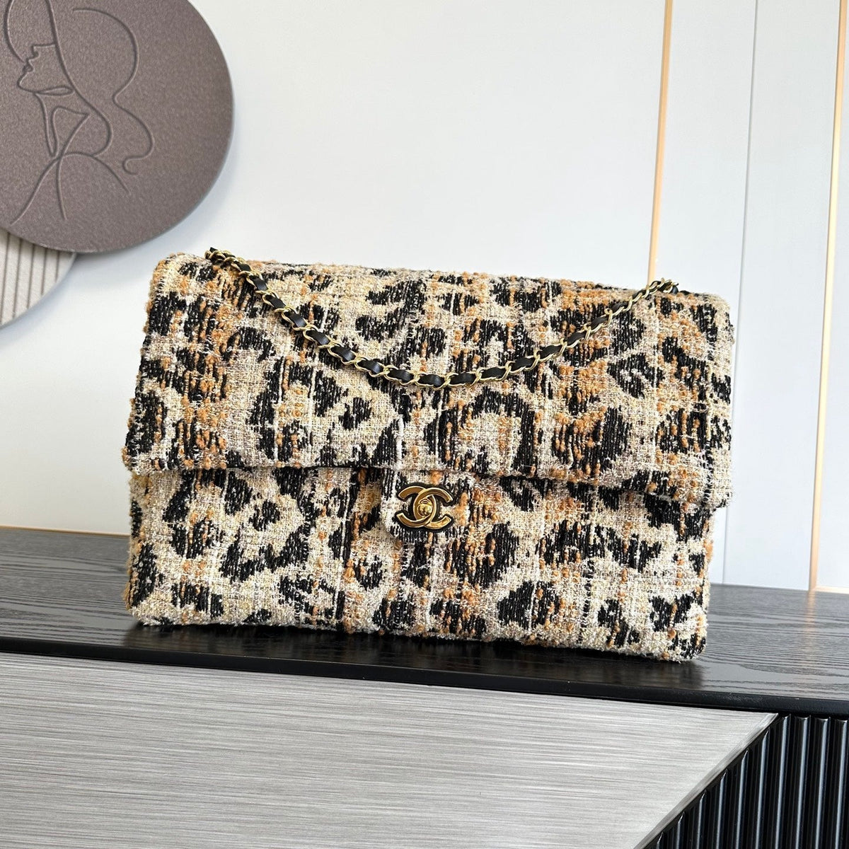 Chanel 2026 Leopard Print CF Maxi Flap Bag Tweed Leather