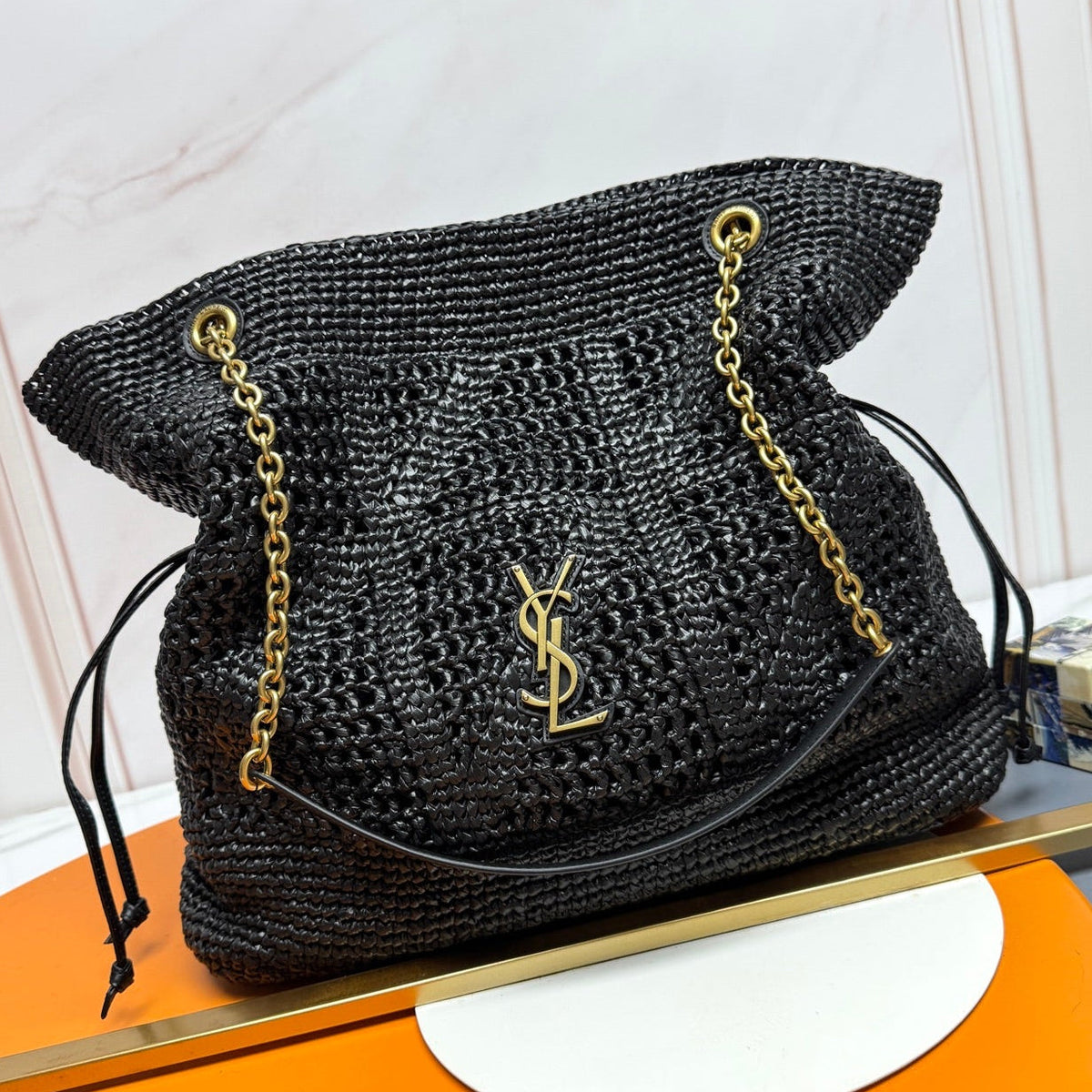 YSL 2026 Jamie Shopping Raffia Handbag 35cm Black Woven