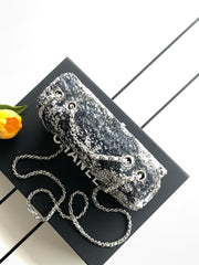 CHANEL 26S SEQUINS FLAP BAG 21 IN BLACK TWEED AND CALFSKIN SILVER HARDWARE