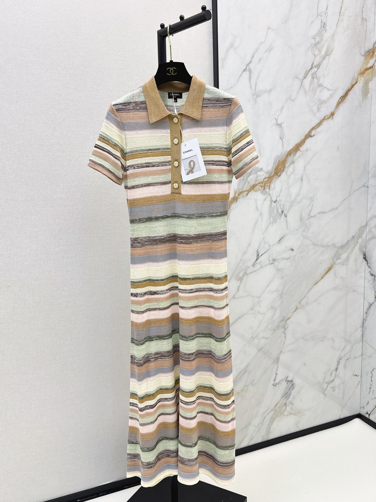 26SS NEW Color-blocked Long Striped Dress with Lapel Collar 🤎