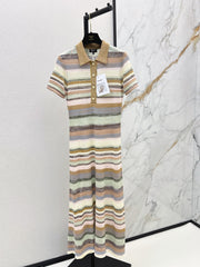 26SS NEW Color-blocked Long Striped Dress with Lapel Collar 🤎
