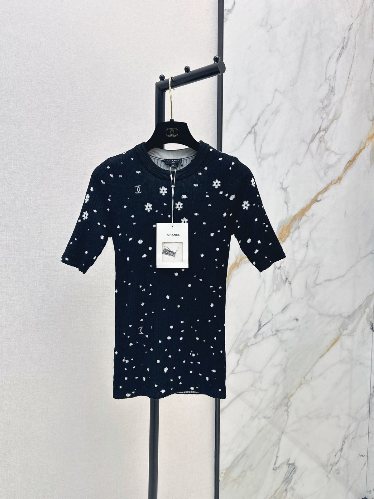 26SS NEW Coco Girls' Handmade Collection Imported Yarn Two-Tone Slim Fit Knit Three-Quarter Sleeve Top🩵