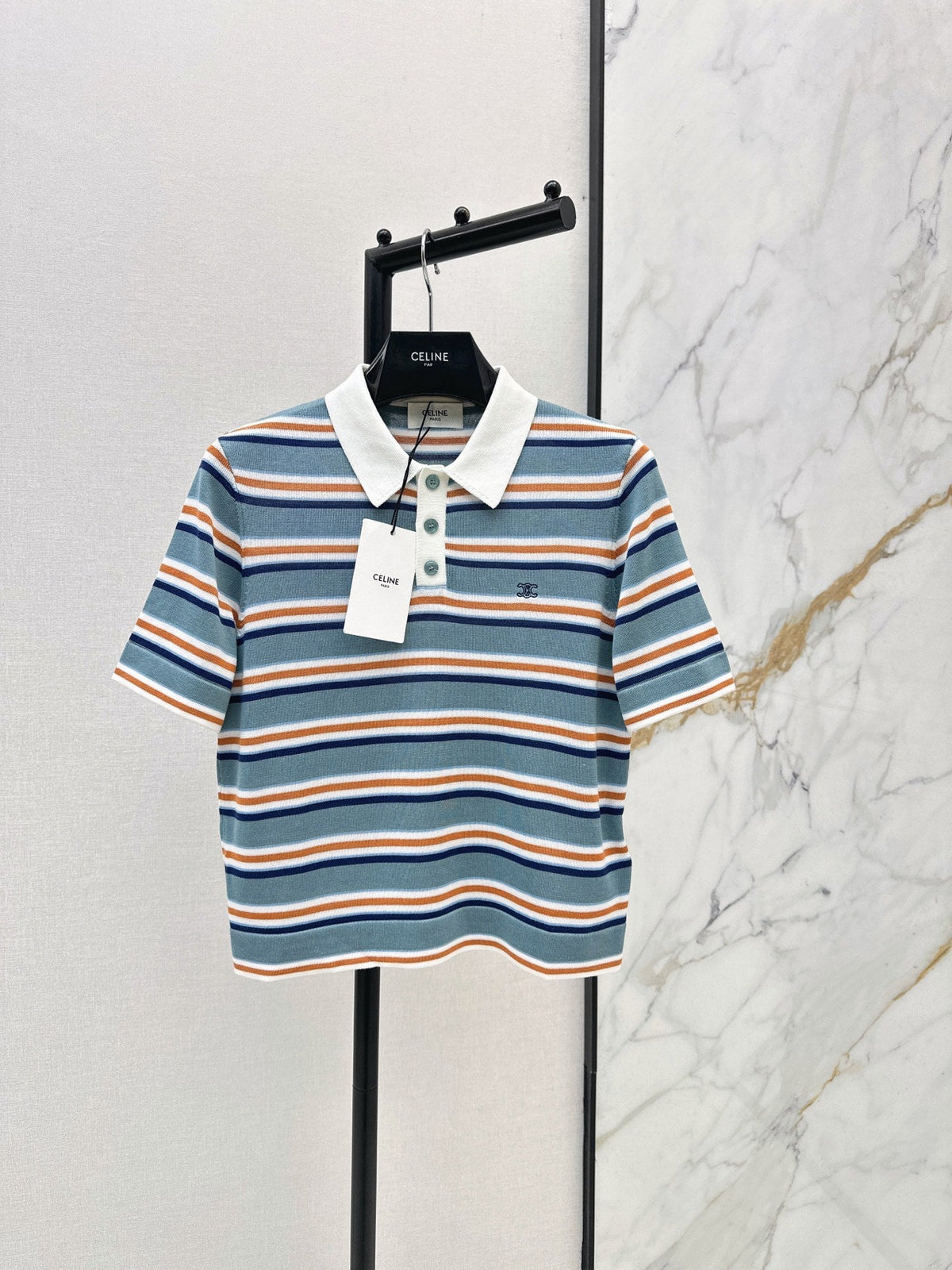 26SS NEW Striped Polo Collar Embroidered Short-Sleeve Knit Top🩵