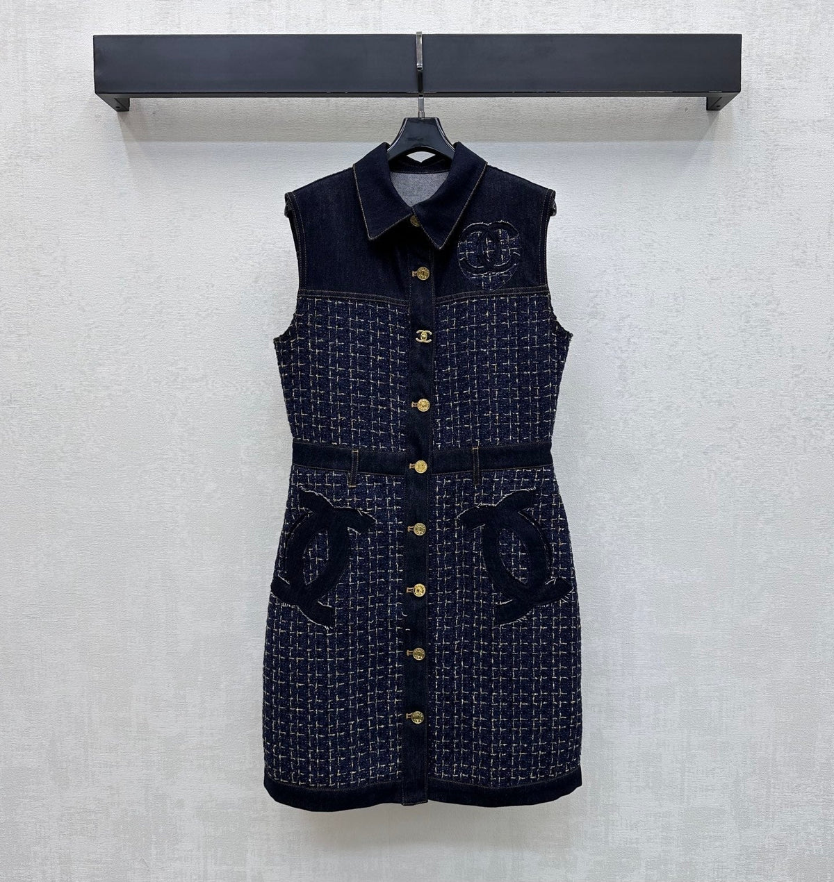 26SS NEW Tweed Patchwork Denim Vest Dress