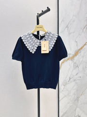 26SS New Faux-Layer Knit Top with Contrast-Color Lace Collar 🤍