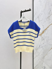 26FW New Short-Sleeved Knit Top with Blue Stripes and Square Neck 🩵