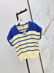 26FW New Short-Sleeved Knit Top with Blue Stripes and Square Neck 🩵