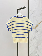 26FW New Short-Sleeved Knit Top with Blue Stripes and Square Neck 🩵