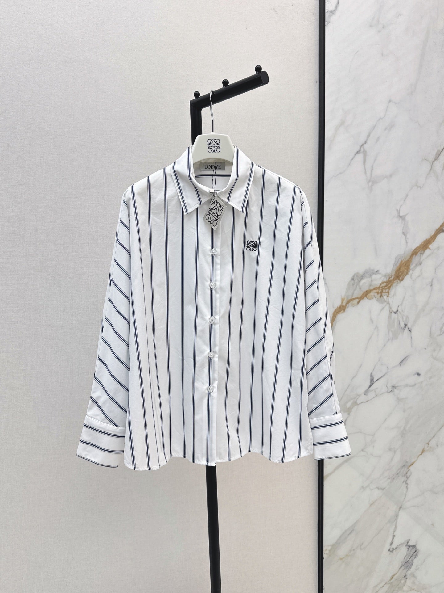 26FW New Blue Striped Shirt with Embroidered Logo and Batwing Sleeves 🩵