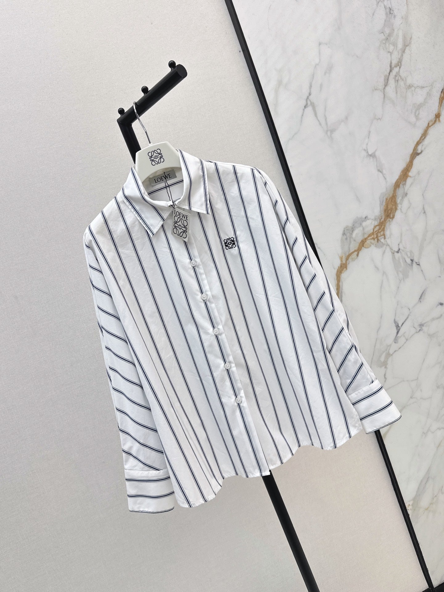 26FW New Blue Striped Shirt with Embroidered Logo and Batwing Sleeves 🩵