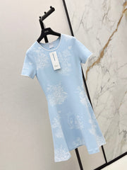 26FW New Floral Jacquard Crew-Neck Short-Sleeve Dress 🩵