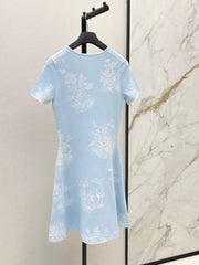 26FW New Floral Jacquard Crew-Neck Short-Sleeve Dress 🩵