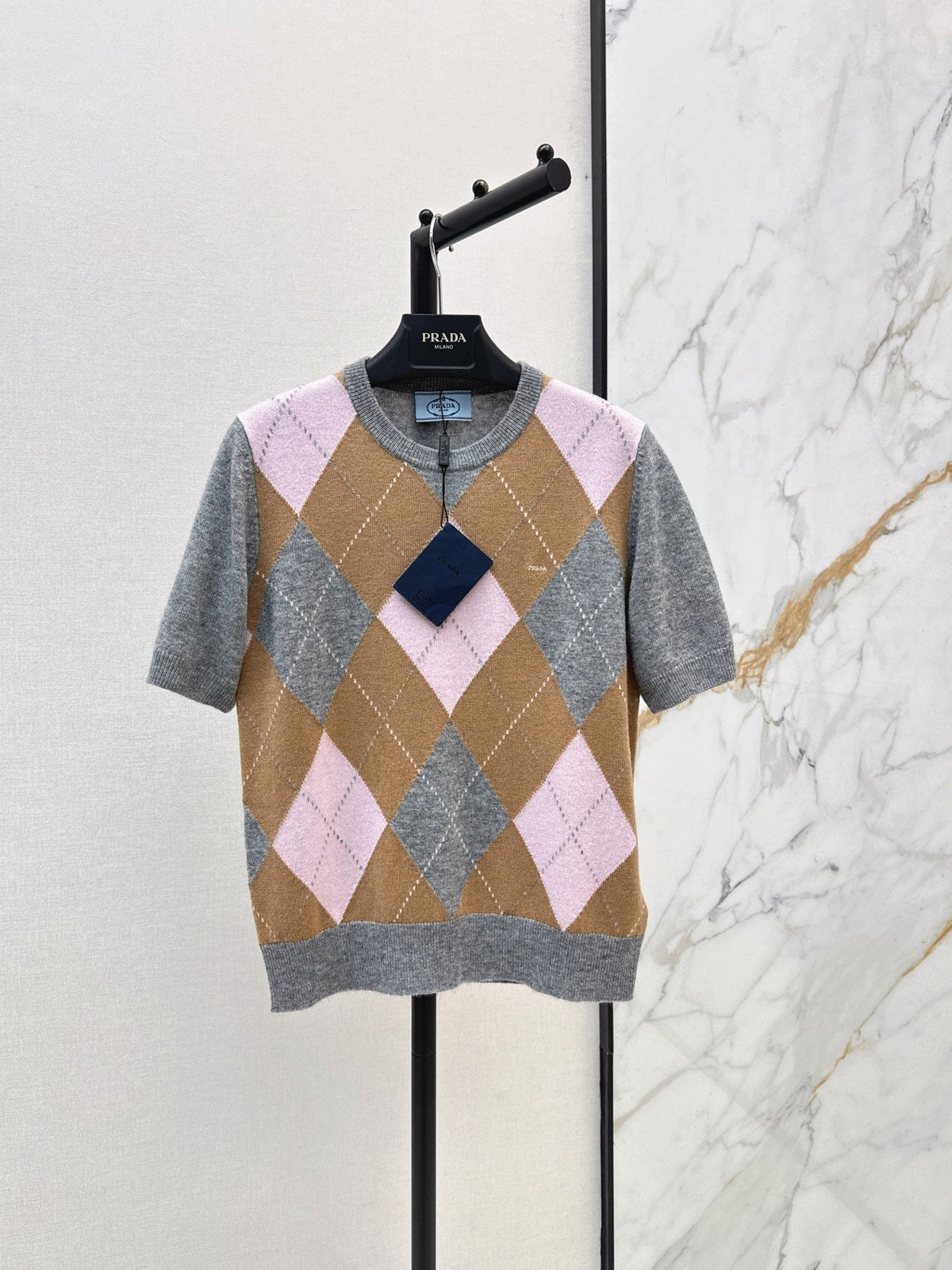 26FW New Pink-Brown Argyle Cashmere Short-Sleeve Knit Top 🩶