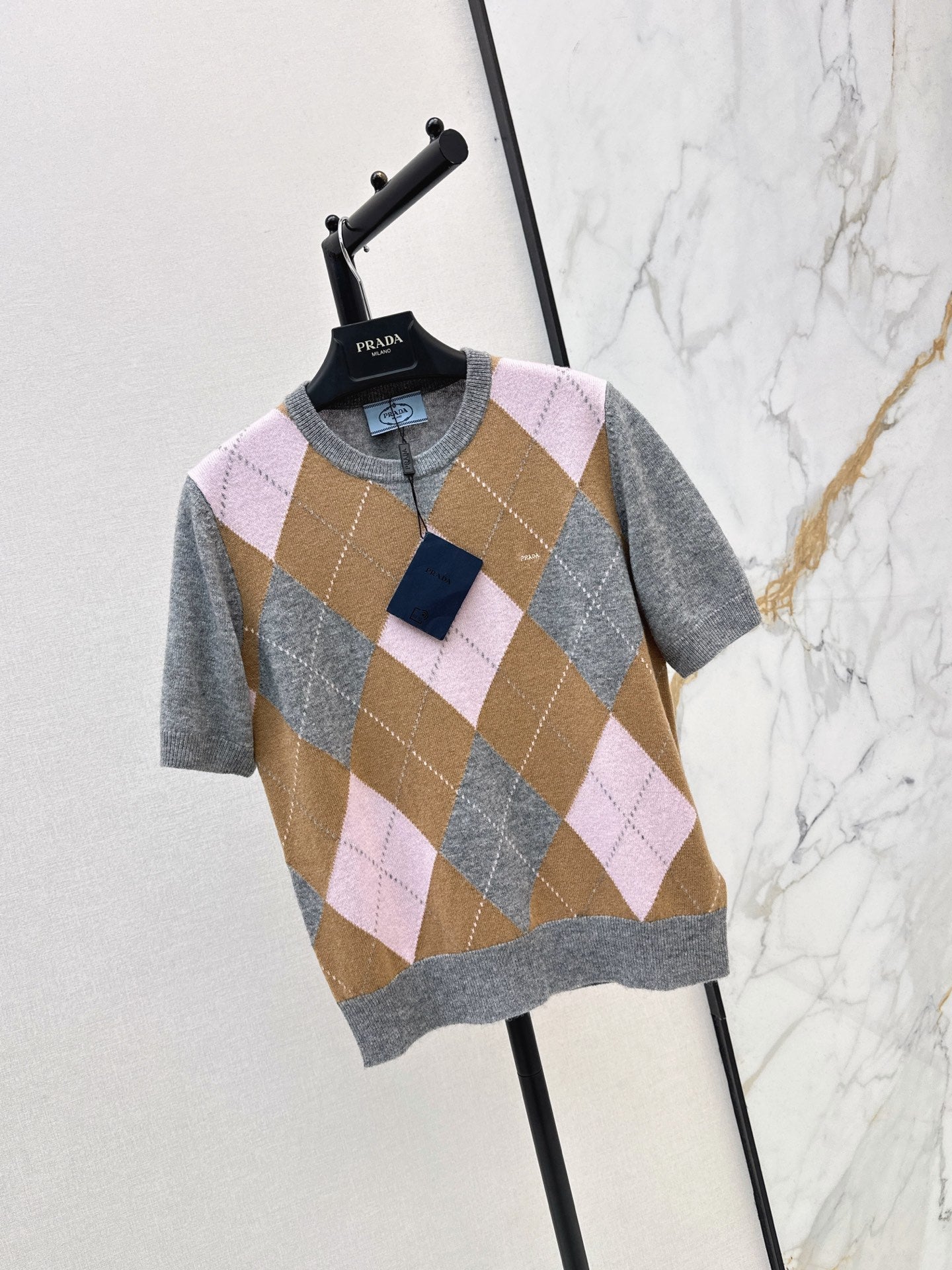 26FW New Pink-Brown Argyle Cashmere Short-Sleeve Knit Top 🩶