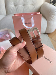 26FW New MM Brown Leather Belt with Metal Buckle 30mm