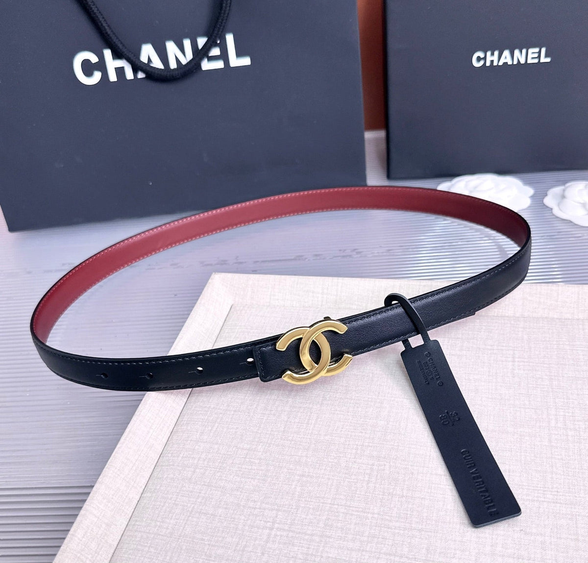 26FW New Black & Red Top-Grain Cowhide Belt 20mm